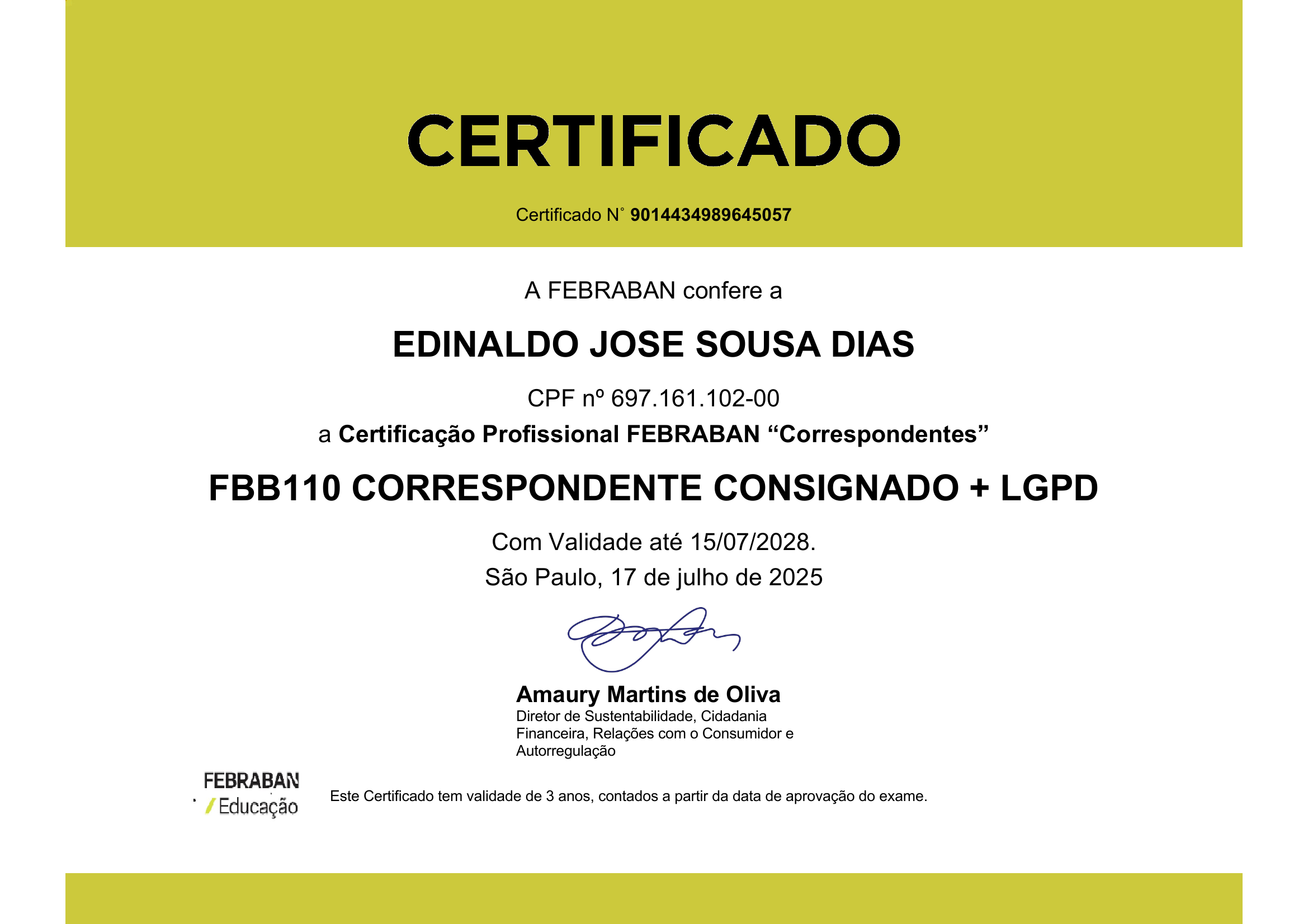 Certificado FBB110 Correspondente Consignado e LGPD de Edinaldo José Sousa Dias